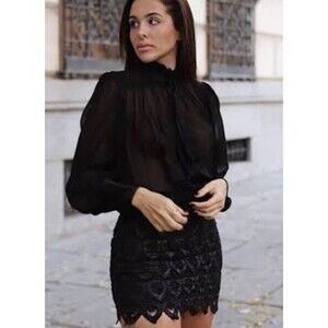Zara Black Neck Tie Long Sleeve Black Sheer Blouse Top Small NWT Poetcore